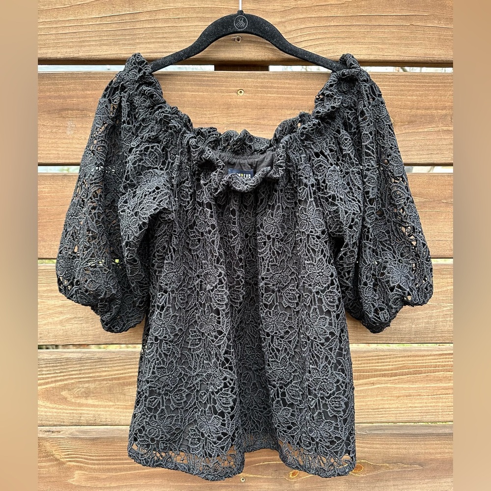 NWT Anthropologie Maeve Black Lace Balloon Sleeve Ruffle Scoop Neck Blouse